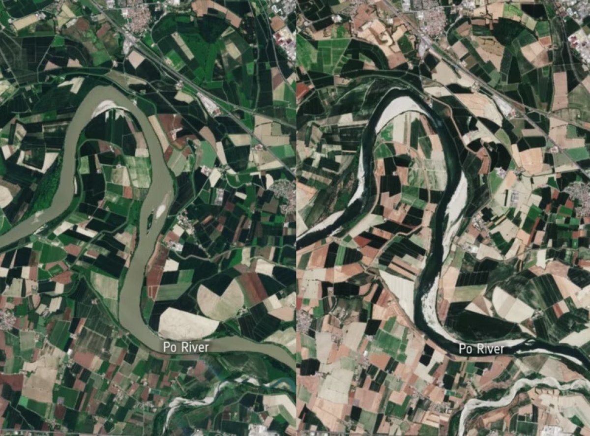 İtalya nın en uzun nehri Po daki kuraklık tehlikesi uyduya yansıdı #1