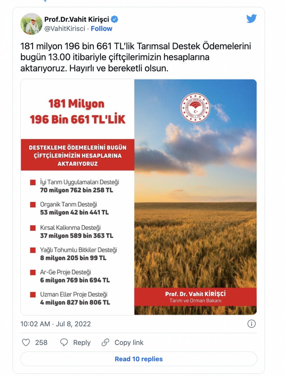 Vahit Kirişci: 181,2 milyon liralık tarımsal destek ödemeleri bugün yapılacak #1