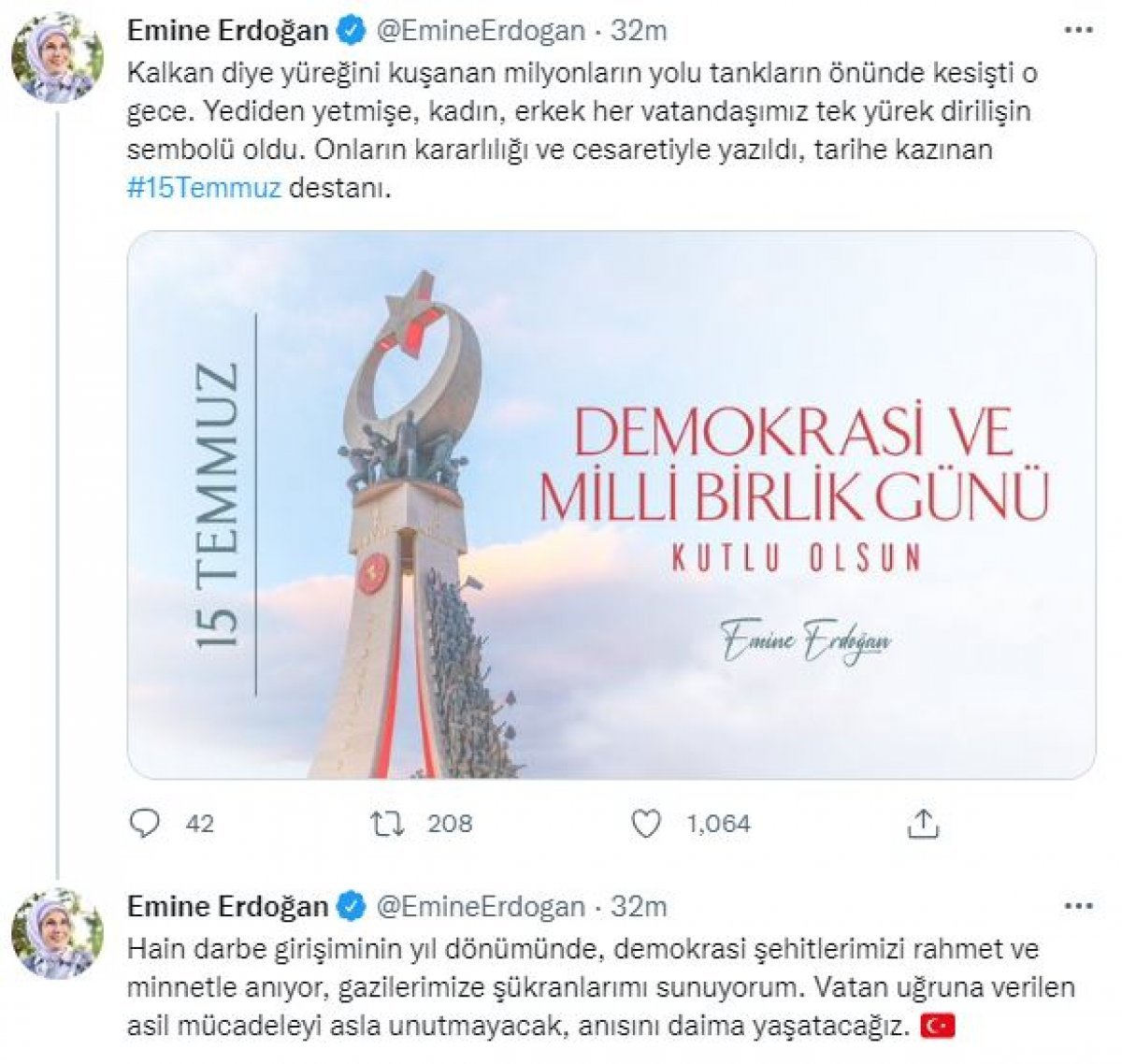 Emine Erdoğan dan 15 Temmuz paylaşımı: Asil mücadeleyi daima yaşatacağız #1