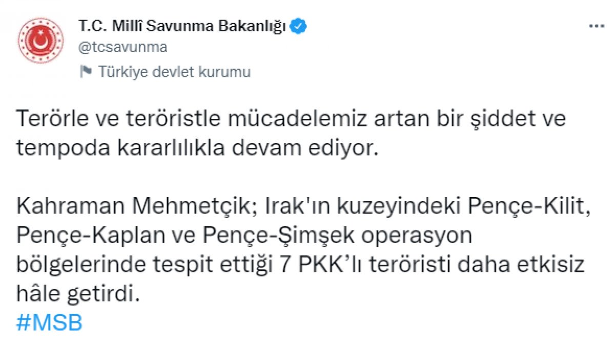 MSB: 7 PKK’lı terörist etkisiz hale getirildi #1