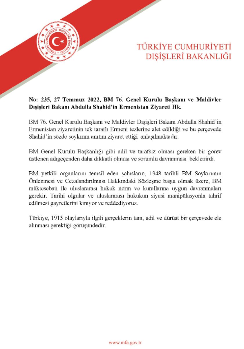 Dışişleri Bakanlığı, BM Genel Kurulu Başkanı nın Ermenistan ziyaretini kınadı #2