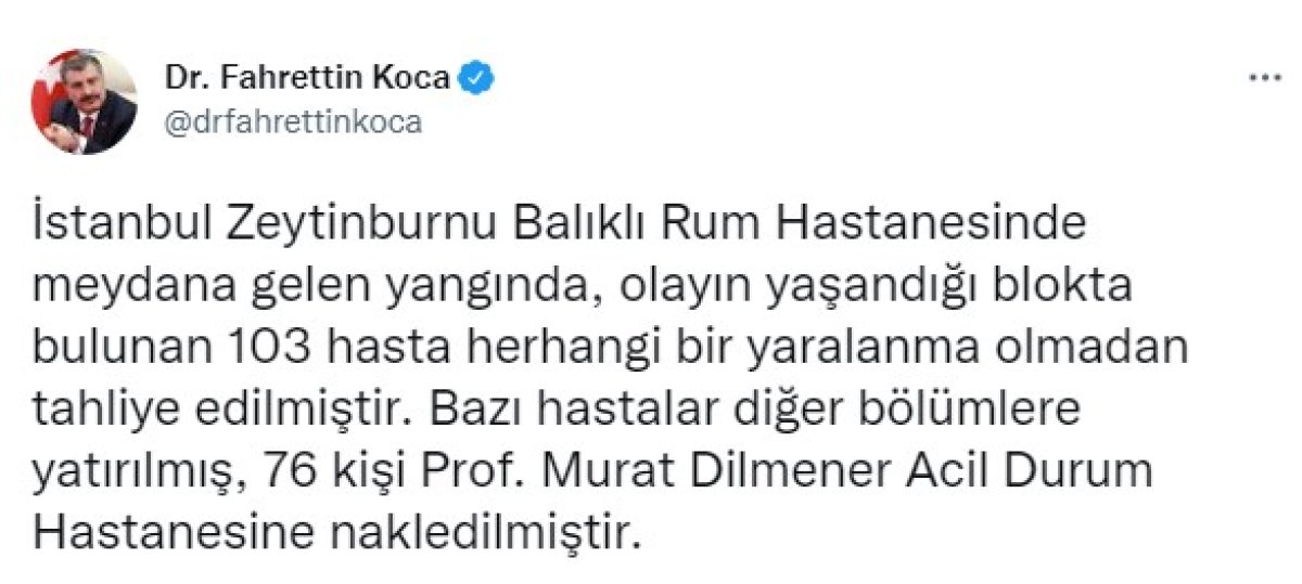 Fahrettin Koca dan Balıklı Rum Hastanesi ndeki yangına ilişkin açıklama #1