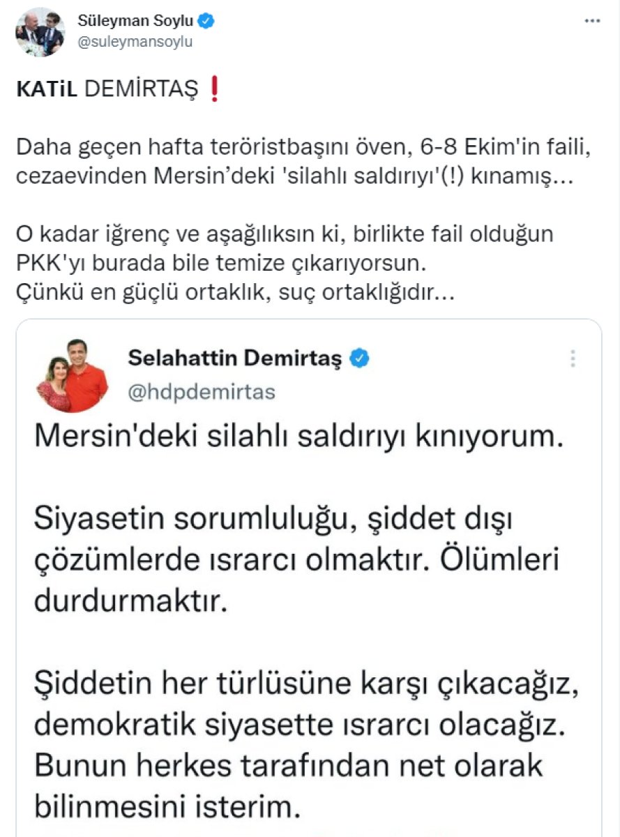 Soylu dan Mersin deki saldırıyı kınayan Demirtaş a yanıt #3