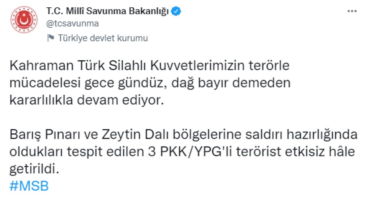 Barış Pınarı ve Zeytin Dalı bölgelerinde 3 terörist öldürüldü #1