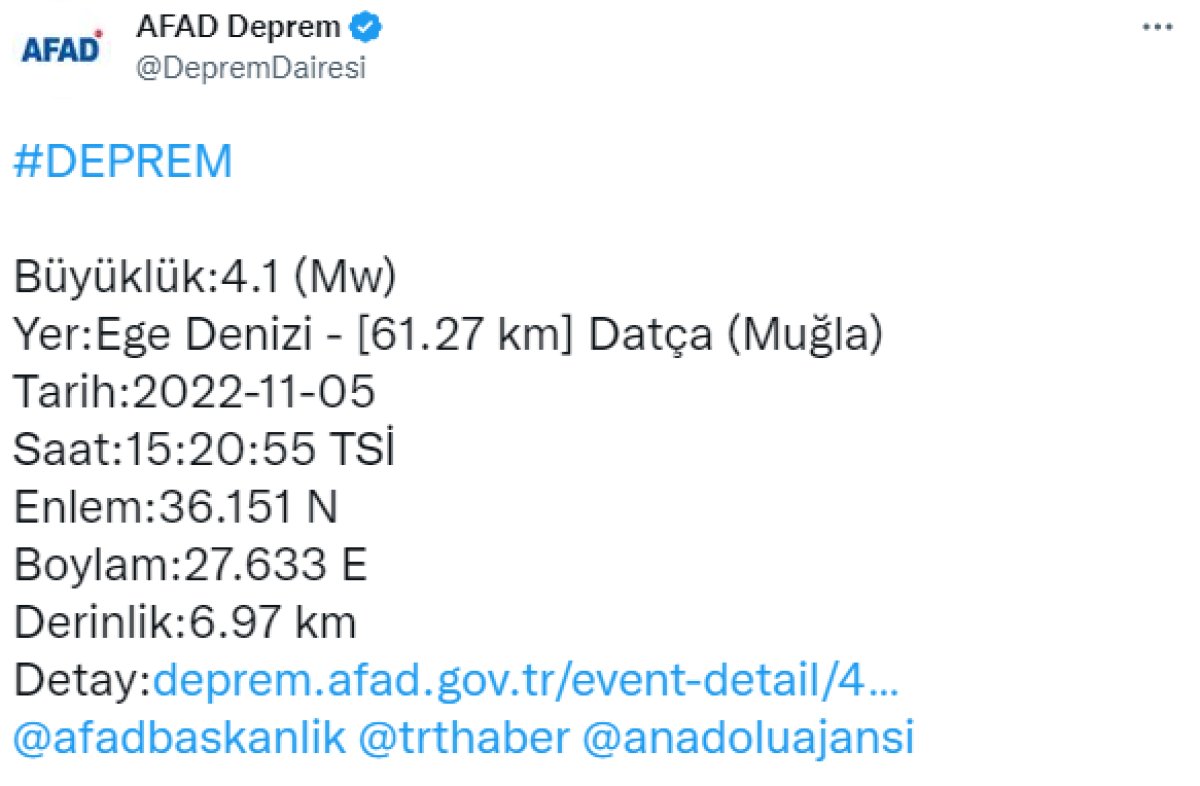 Datça'da 4.1 şiddetinde deprem