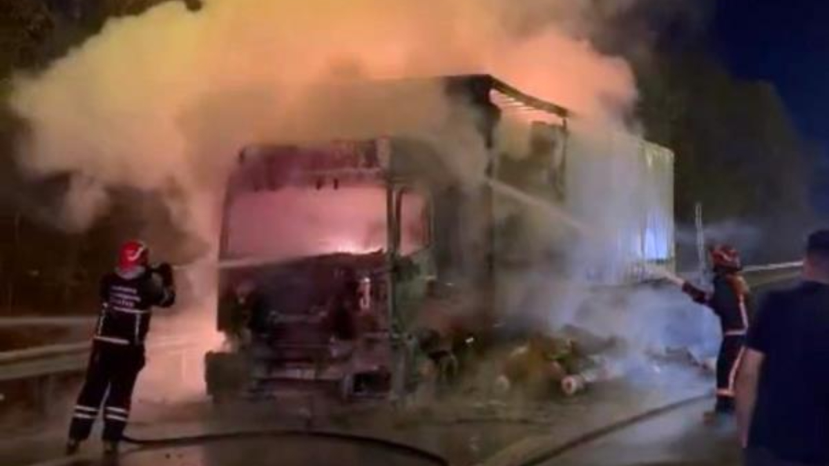 Sakarya'da elyaf yüklü tır otoyolda alevlere teslim oldu