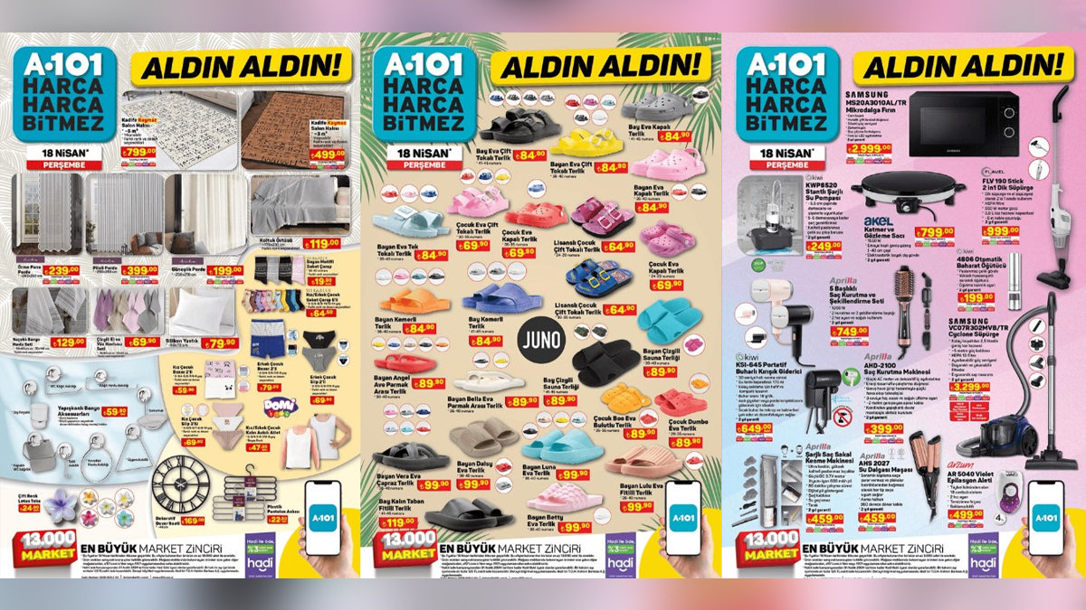 A101 şov başlıyor! her yer dolup taşacak; Saç Şekillendirme Seti 749.00 TL, Terlik Çeşitleri 84.90 TL...