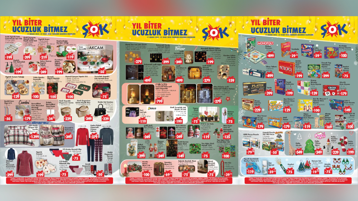 ŞOK rafları doldurdu: Yılbaşı süsleri, kutu oyunları, atıştırmalıklar… ŞOK 17 Aralık Aktüel
