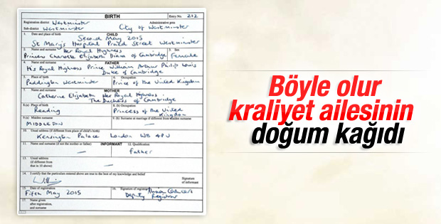 Prenses Charlotte Elizabeth Diana'ın doğum belgesi