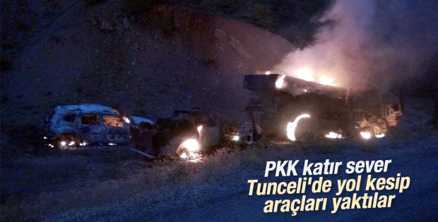 Tunceli'de yol kesen teröristler araçları ateşe verdi