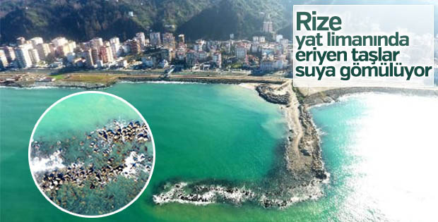 Rize yat limanında eriyen taşlar suya gömülüyor