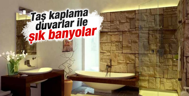 Taş kaplama duvarlar ile şık banyolar