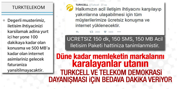 Turkcell ve Türk Telekom'dan acil iletişim desteği