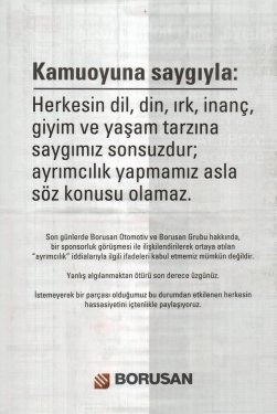 Borusan'dan gazetelere tam sayfa ilan 