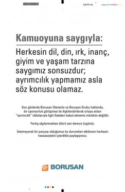Borusan'dan gazetelere tam sayfa ilan 