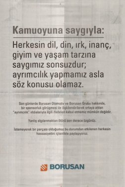 Borusan'dan gazetelere tam sayfa ilan 
