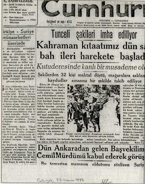 Dönemin Dersim manşetleri