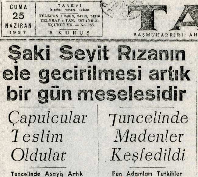 Dönemin Dersim manşetleri