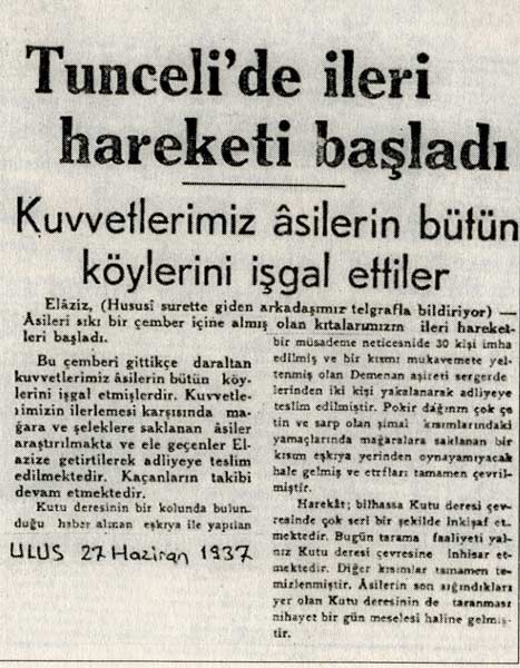 Dönemin Dersim manşetleri