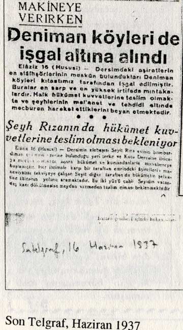 Dönemin Dersim manşetleri