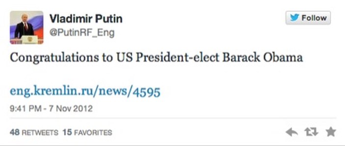 Putin'in ilk tweet'i Obama'yı tebrik etmek olmuş