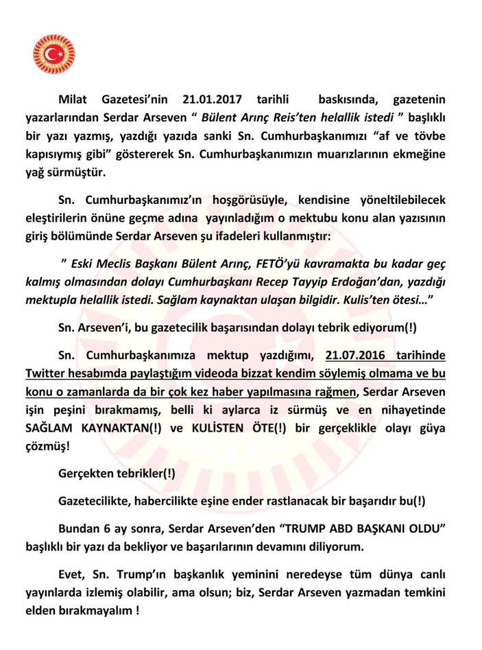 Arınç, 'Erdoğan'dan af diledi' iddiasını yalanladı
