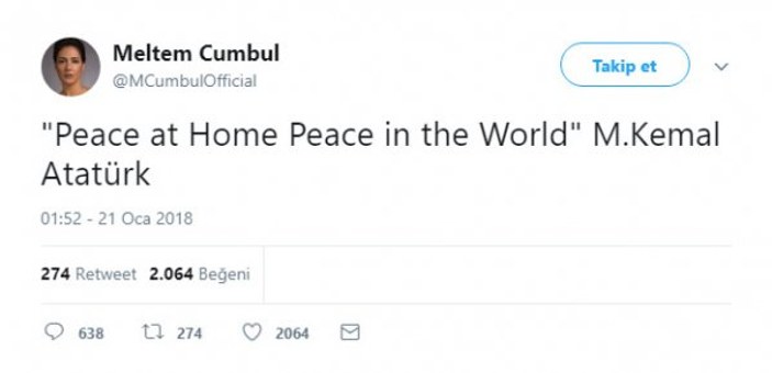 Meltem Cumbul bildiği tek Atatürk sözüyle Afrin’e karşı çıktı
