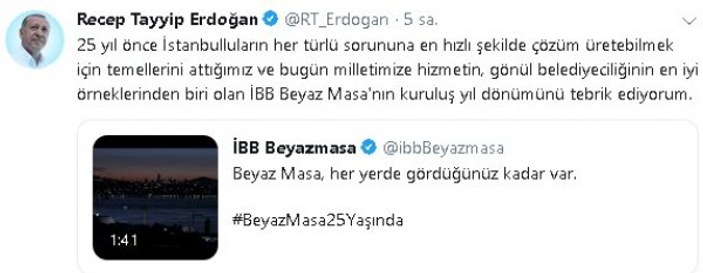 Erdoğan'dan İBB Beyaz Masa’nın 25. yılına özel paylaşım