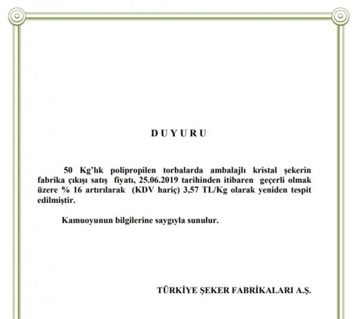 Şekere yüzde 16 zam