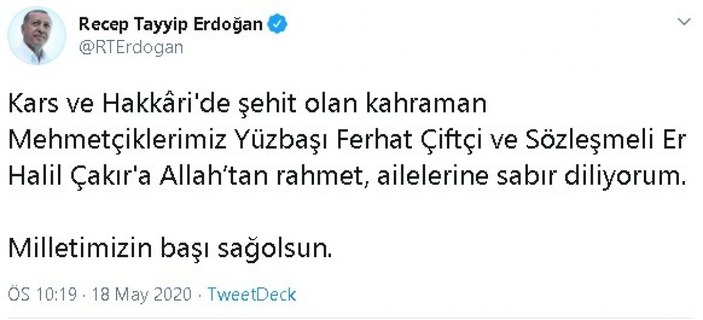 Cumhurbaşkanı Erdoğan’dan şehitler için taziye mesajı