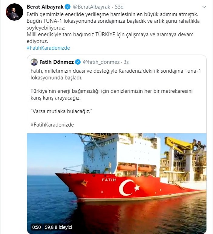 Berat Albayrak'tan Fatih sondaj gemisi paylaşımı