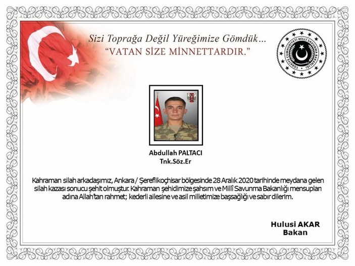 Ankara'da silah kazası sonucu bir asker şehit oldu