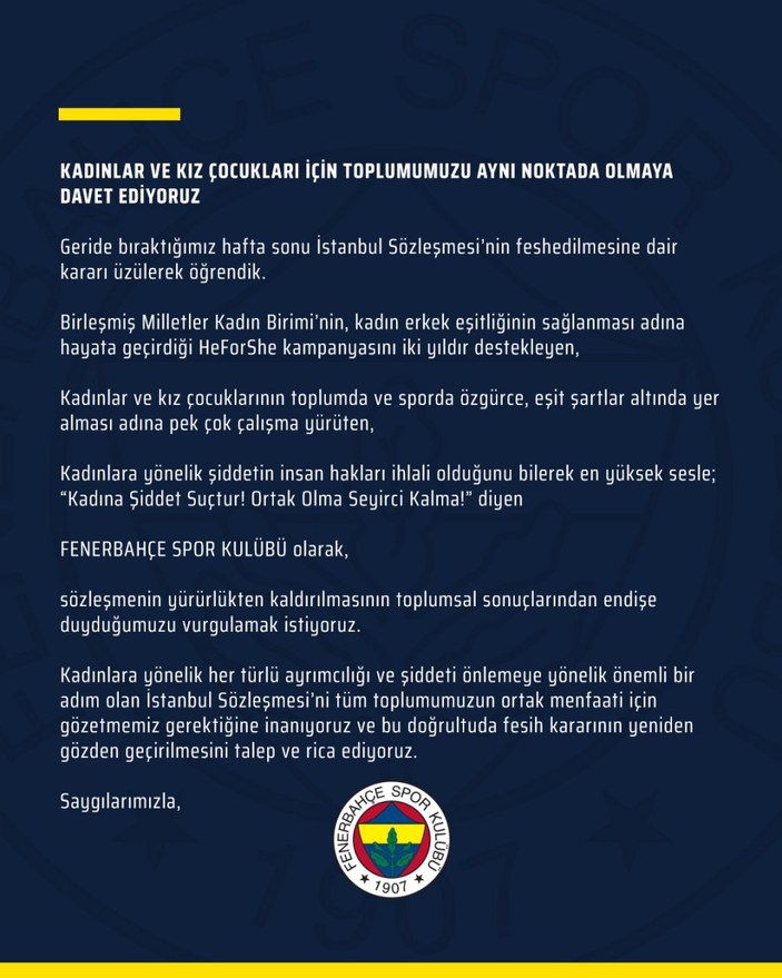 Fenerbahçe'den 'İstanbul Sözleşmesi' tepkisi