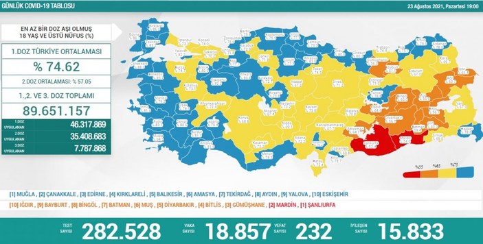 23 Ağustos Türkiye'de koronavirüs tablosu