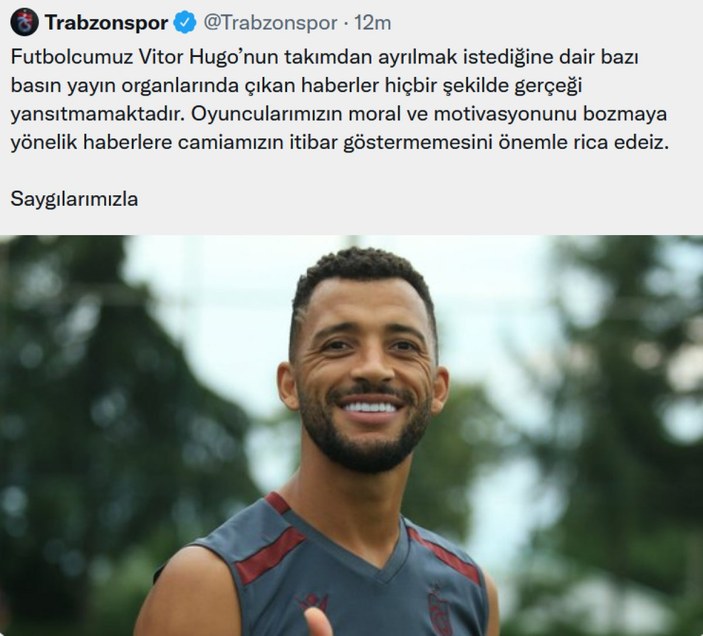 Trabzonspor, Vitor Hugo'nun mutsuz olduğunu yalanladı