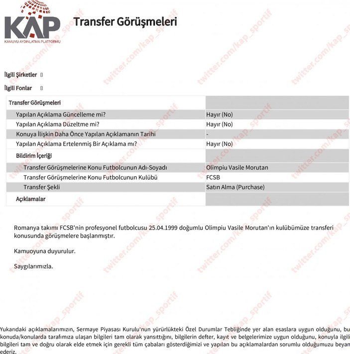 Galatasaray, Olimpiu Morutan transferini KAP'a duyurdu