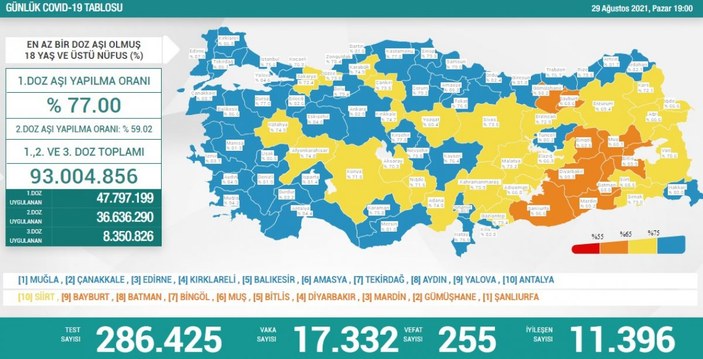 29 Ağustos Türkiye'de koronavirüs tablosu