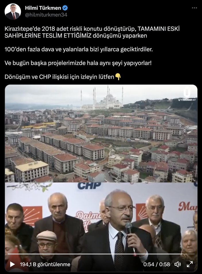 Hilmi Türkmen'den 'kentsel dönüşüm ve CHP ilişkisi' paylaşımı