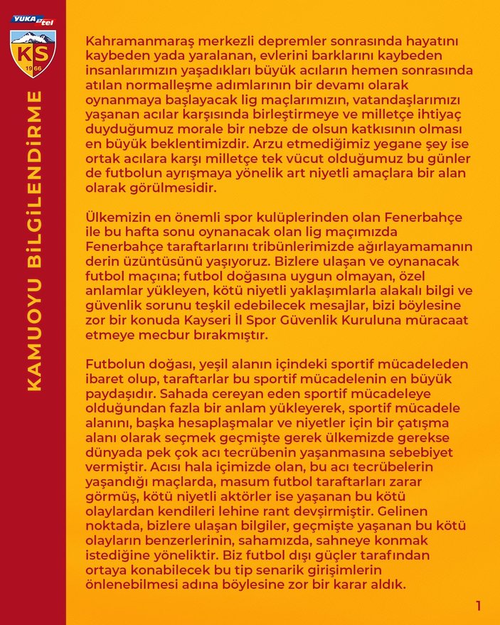 Kayserispor'dan Fenerbahçe maçı açıklaması