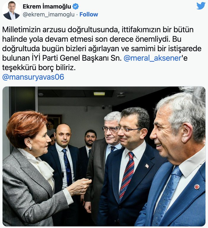 İmamoğlu ve Yavaş'tan Akşener'e kopyala yapıştır teşekkür mesajı