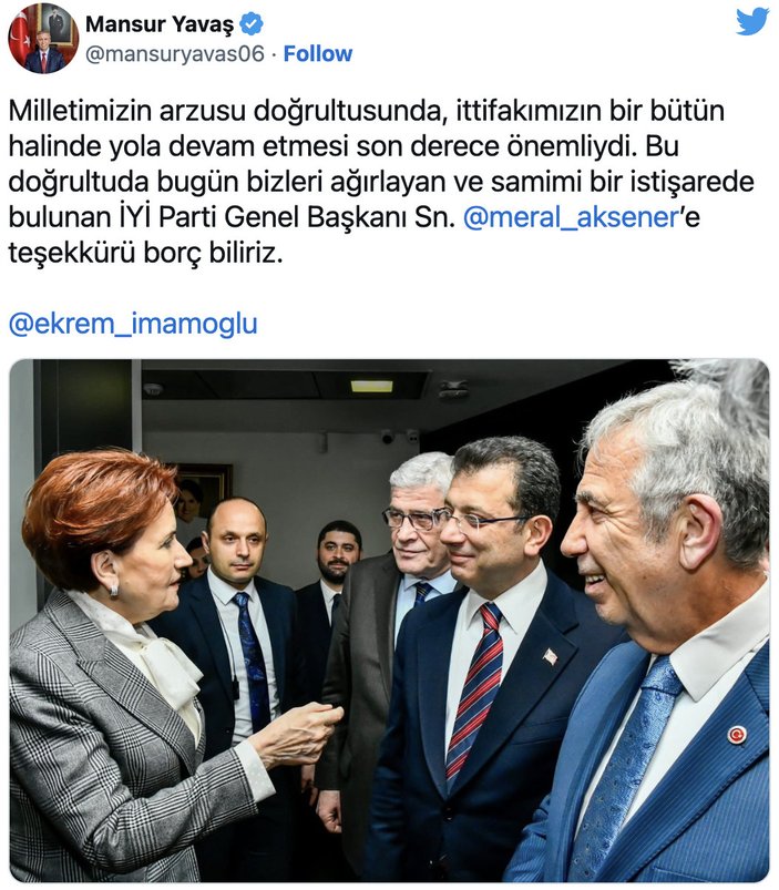 İmamoğlu ve Yavaş'tan Akşener'e kopyala yapıştır teşekkür mesajı