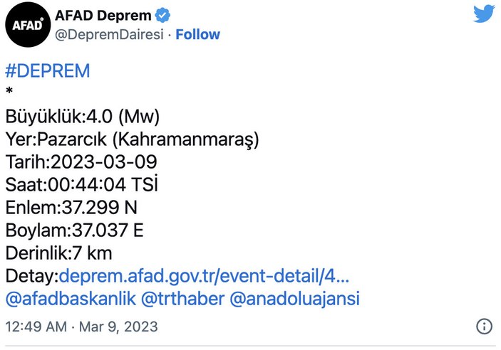 Kahramanmaraş 4 büyüklüğündeki depremle sarsıldı