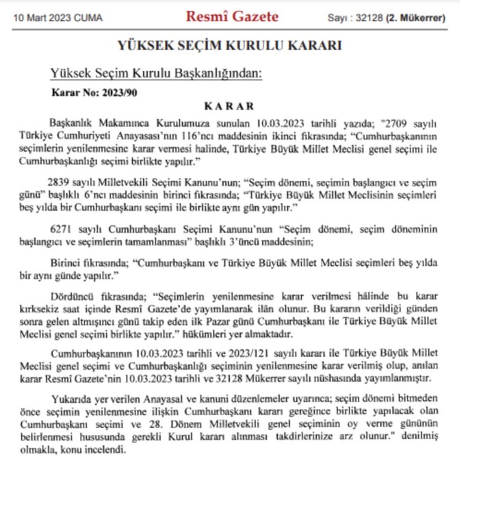 YSK'nın seçim kararları Resmi Gazete'de