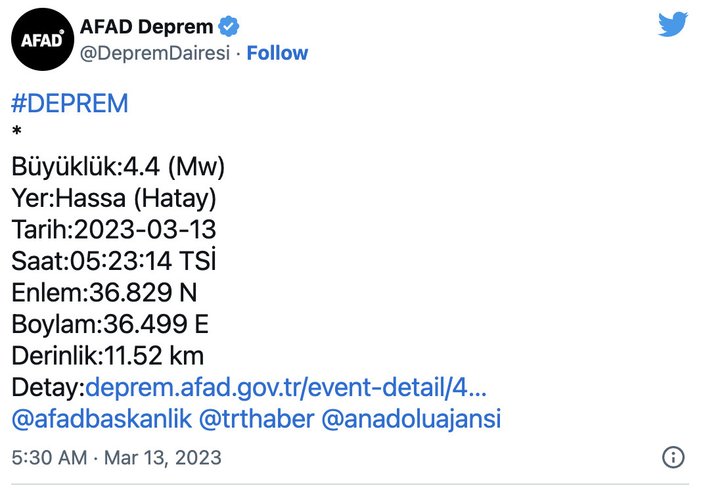 Hatay'ın Hassa ilçesi 4.4 büyüklüğünde depremle sarsıldı