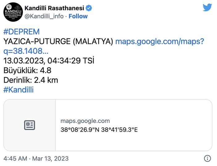Malatya'nın Pütürge ilçesinde 4,7 büyüklüğünde deprem