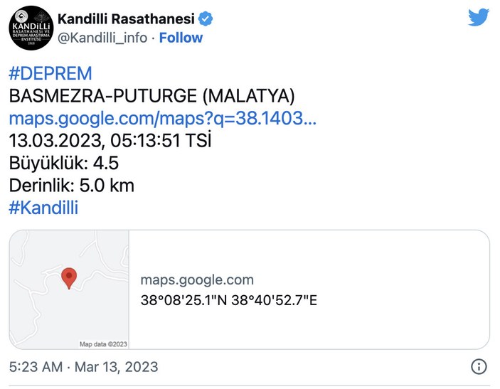 Malatya'nın Pütürge ilçesinde art arda 4.7 ve 4.5 büyüklüğünde depremler