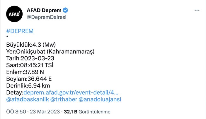 Kahramanmaraş'ta 4.3 büyüklüğünde deprem