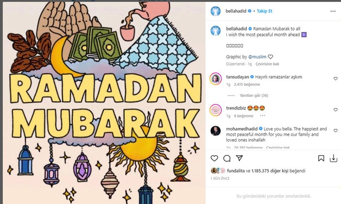Bella Hadid'den Ramazan ayı paylaşımı geldi