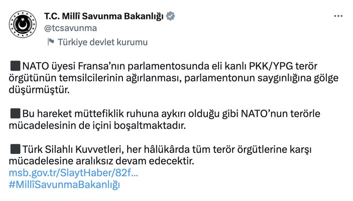 MSB terör örgütü temsilcisine madalya veren Fransa'ya tepki gösterdi!  Parlamentonun saygınlığına gölge