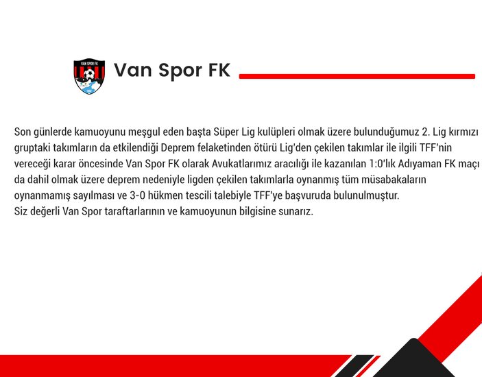 Vanspor'dan TFF'ye hükmen galibiyet başvurusu